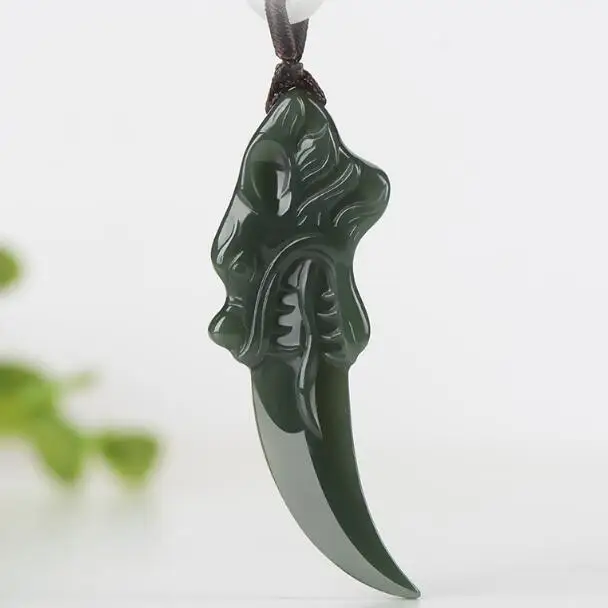 

Jia Le/ 100% Hand Carved Natural Hetian Cyan Jade DWolf Fang Necklace Pendant Fashion Personalized Men Women Couples Amulet Gift