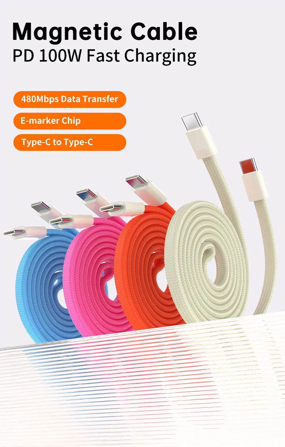 PD 100W USB-C zu Typ-C Schnellladekabel mit magnetischer Befestigung, verwicklungssicher, 480Mbps Datenübertragung, flaches Kabel für iPhone 15 16 17 Mac – Detail 1