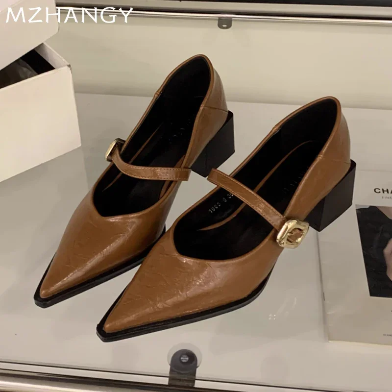 Spitz Frauen Flache Schuhe Elegante Leder Mid Heels Schnalle Schuhe Winter 2025, Trend Chunky Fad Pumpen Kleid Zapatos Mujer