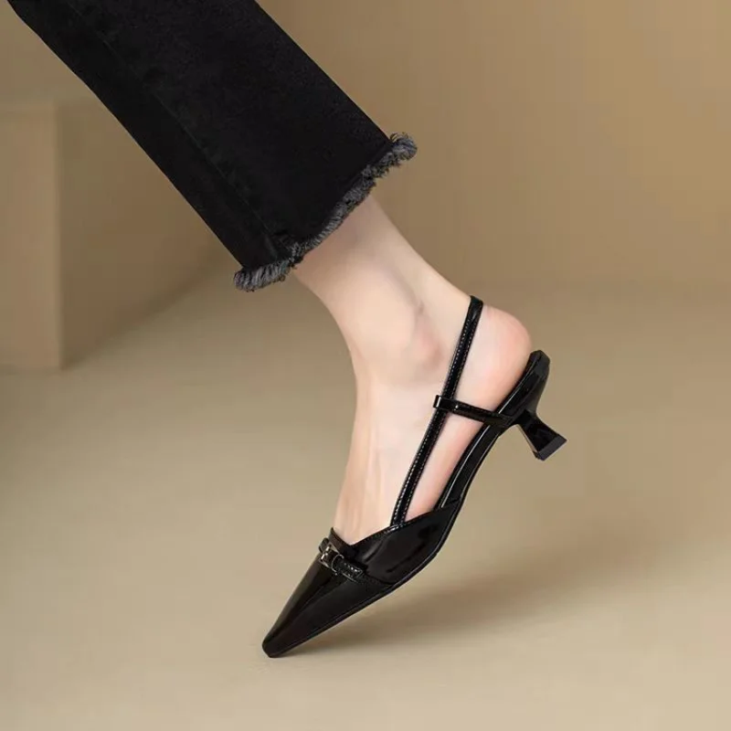 ​​2025 French Pointed Sandals Burgundy Patent Crisscross Straps Metal Decor Slim Heel Open-Back Fairy Sandals image 6