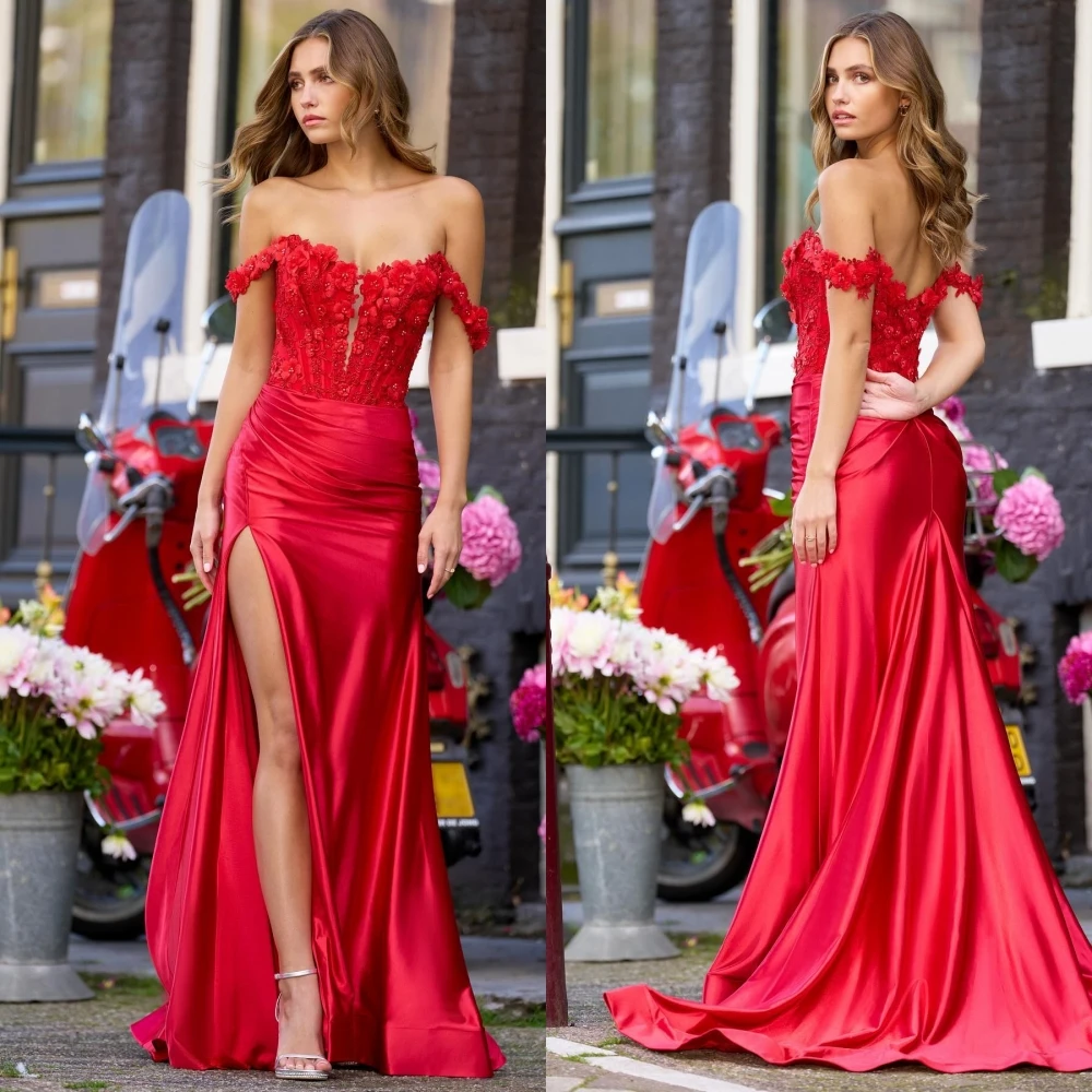 Mesprit Simple Fashion Off-the-shoulder A-line Evening Dresses Flower Satin Floor Length Custom Dress