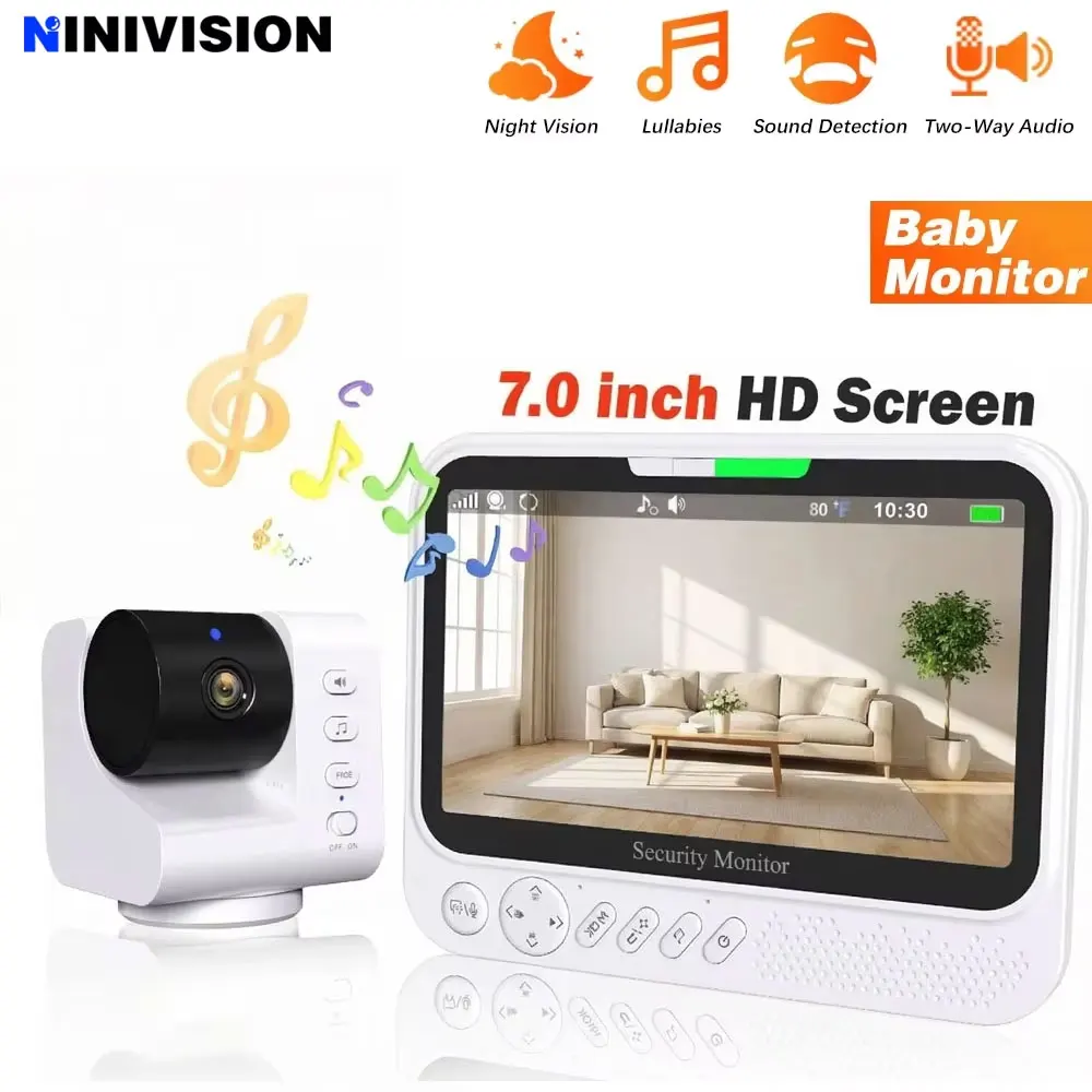 Smart Baby Monitor 7inch HD Screen Long Distance PTZ Camera Digital Sound Detect Temperature Tracking Lullaby & Two-Way Talk