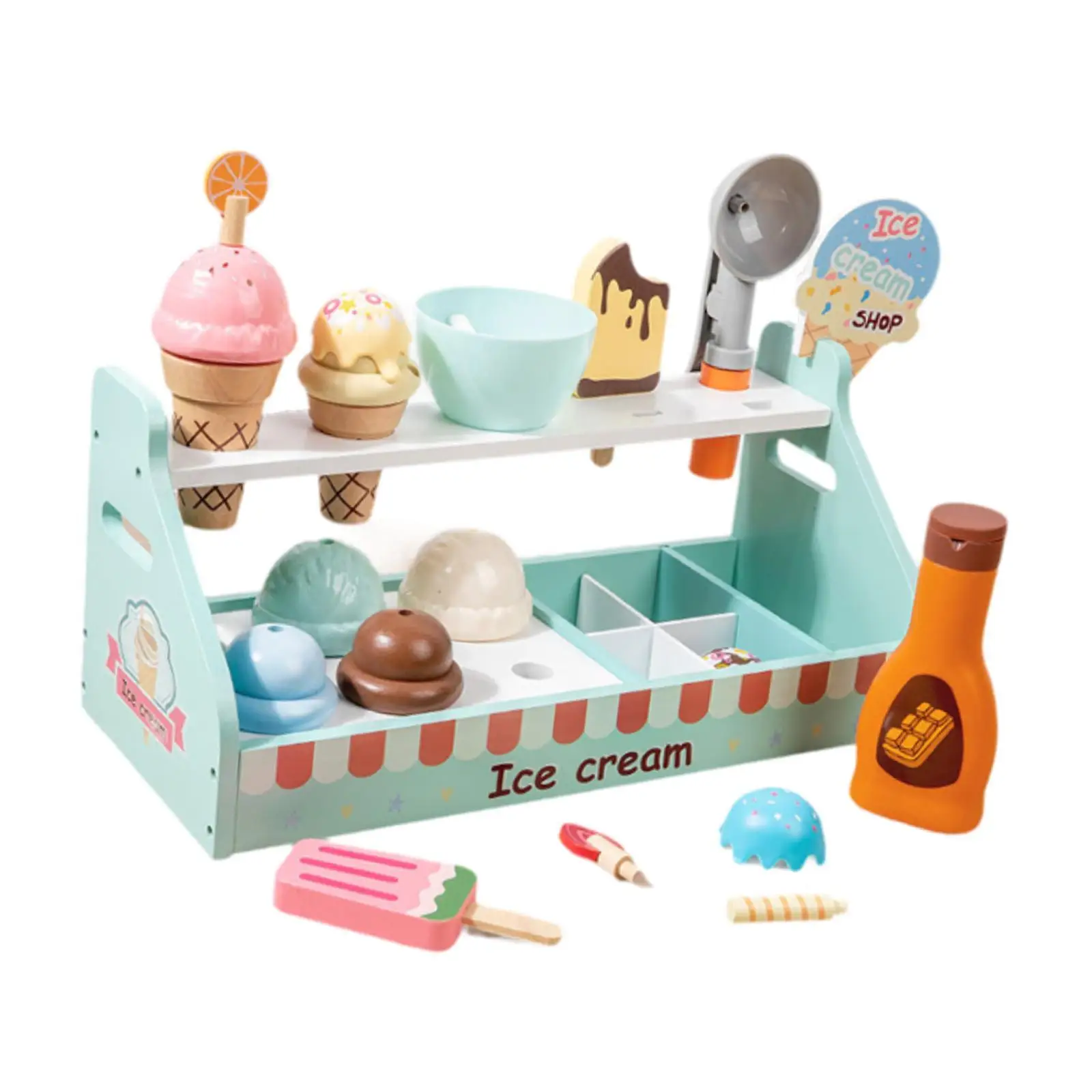 Ice Cream Toy Set Role Play Game with Wooden Stand Pretend Play Food Toy for Age