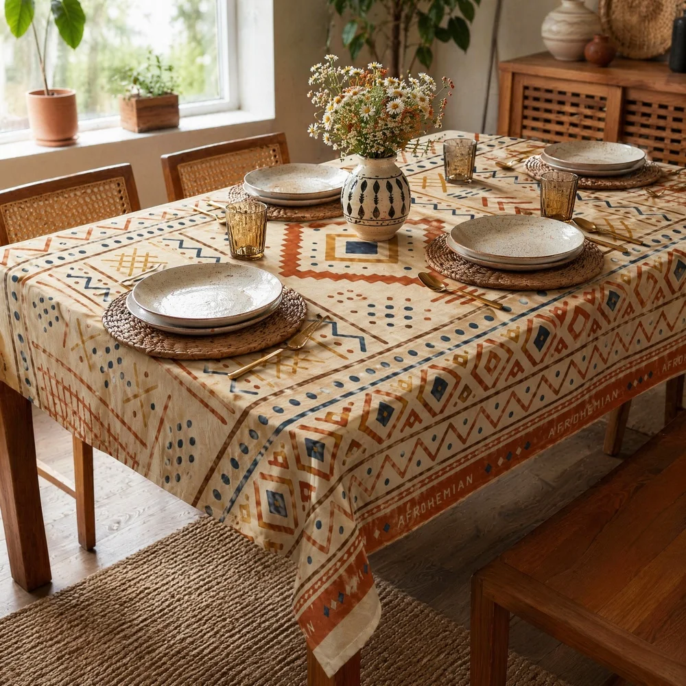 Boho Ethnic Geometric Diamond Zigzag Print Rectangle Tablecloth Cream Base Tribal Pattern Farmhouse Dining Table Cover
