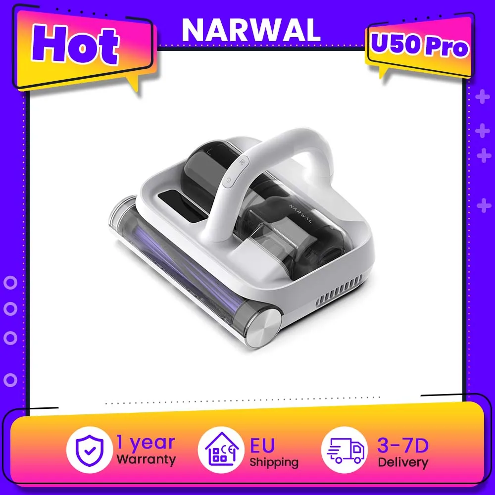 NARWAL U50 PRO draadloze matrasstofzuiger, zuigkracht 16 kPa, 58 ° Constante temperatuur, 65.000 BPM-roller, UVC-sterilisatie, AI-stofmijtendetector, 99,99% sterilisatie, stofzak, automatische en