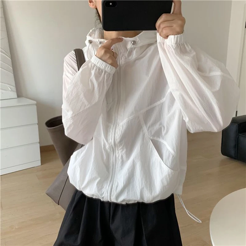 Summer Thin Hooded Sun Protection Shirt Women Y2K Streetwear Zipper Sports Coats Fashion Long Sleeve Quick Drying Cargo Jacket