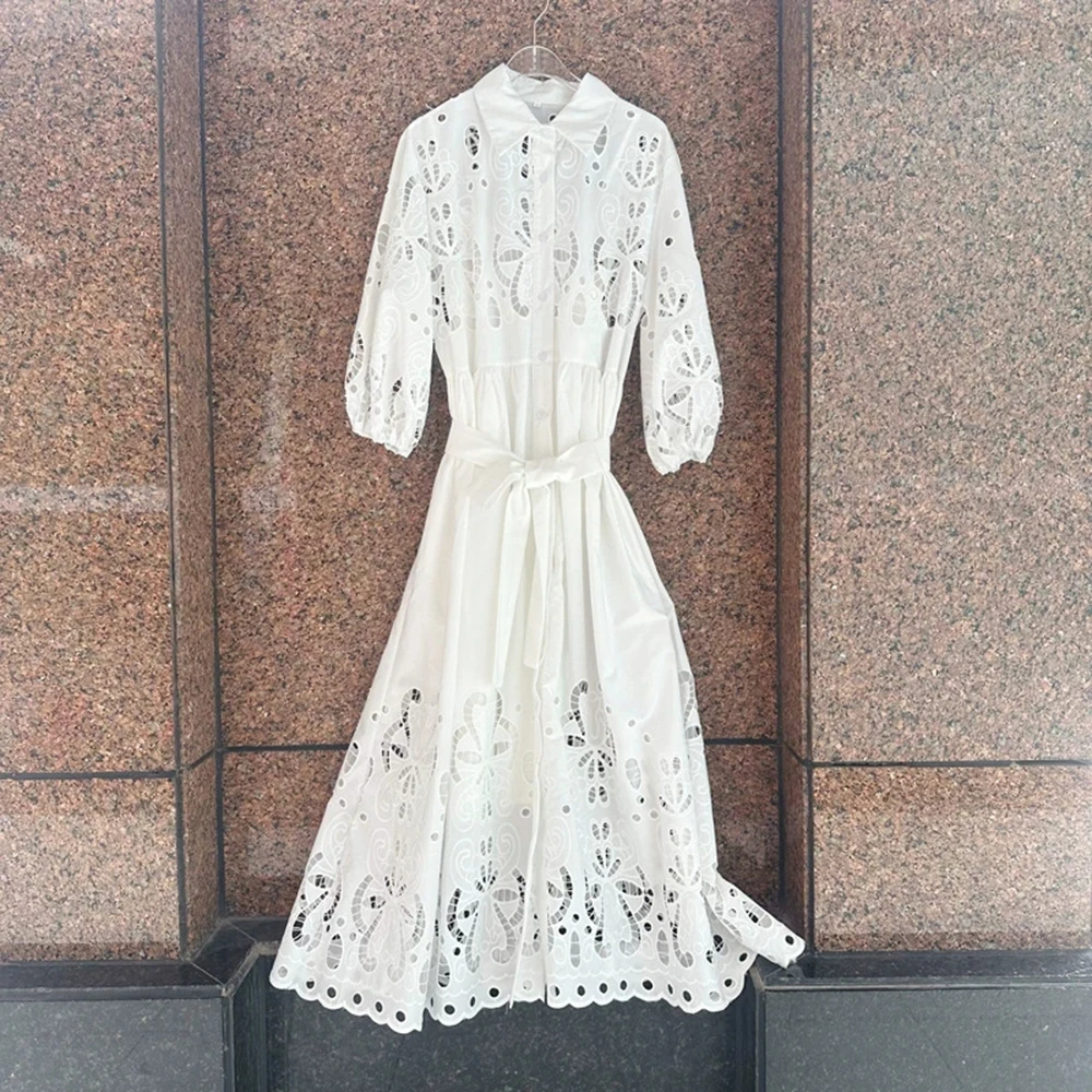 

European, American and Australian niche lapel long sleeve waist single-breasted hollow embroidery midi dress-GZXX349