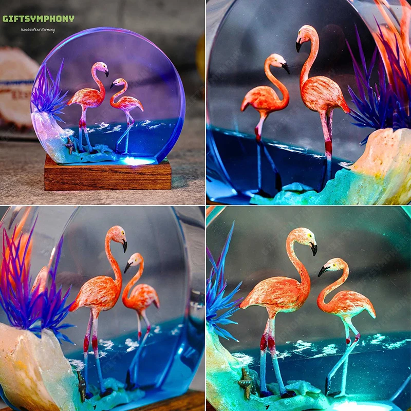 Flamingo คู่ Ocean เรซิ่นโคมไฟภูมิทัศน์ธรรมชาติตาราง Creative Art ตกแต่งโคมไฟธีมสัตว์ Night Light ชาร์จ USB