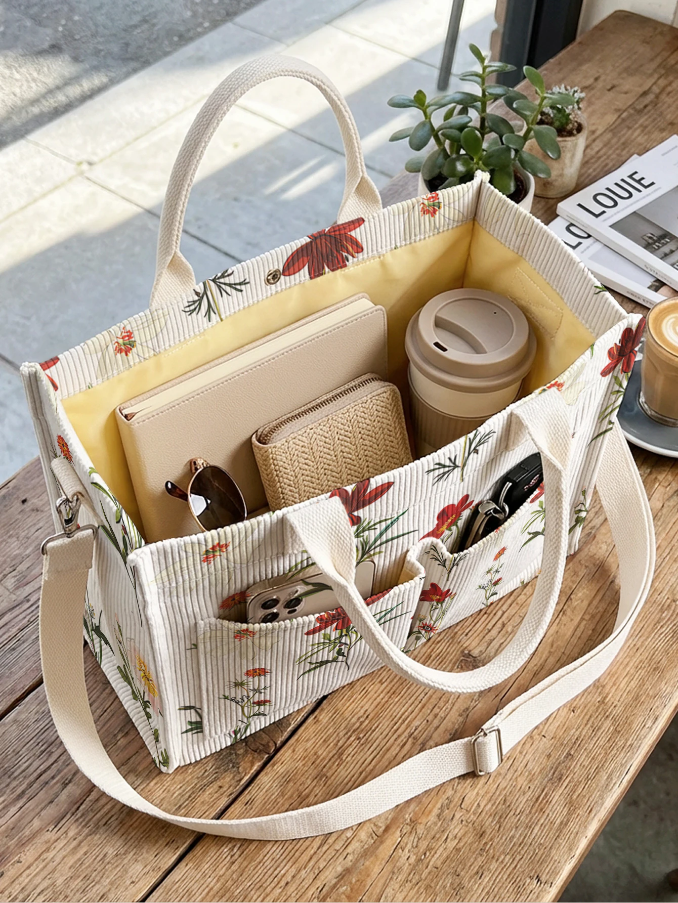 Vintage Botanical Wildflower Print Corduroy Tote Bag Large Capacity Multi Pocket Nature Lover Commuter Shoulder Bag view 4