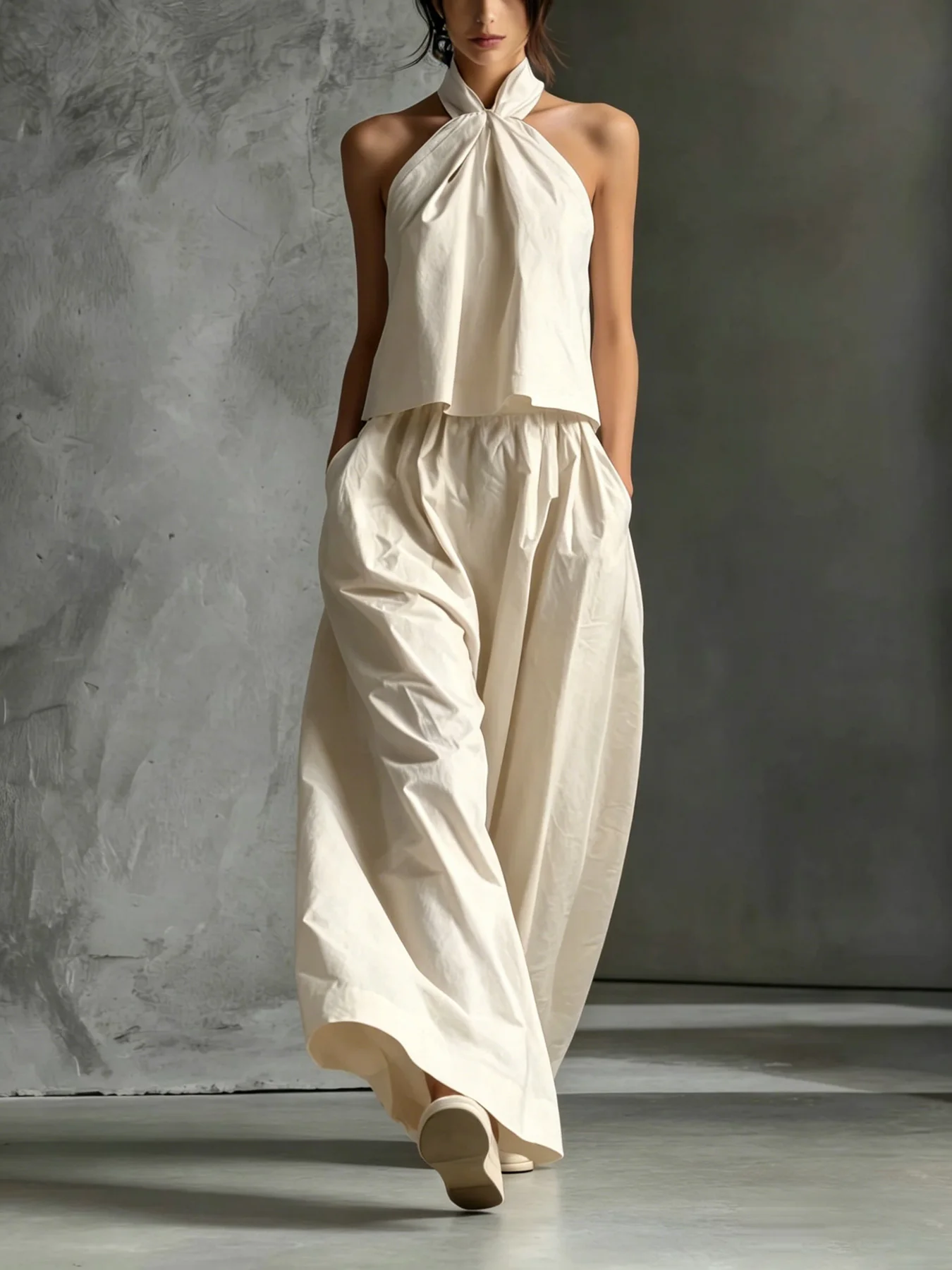 Damen Zweiteiler, Lockerer Ärmelloser Oberteil mit Ausschnitt, Hochgeschnittene Weite Hose, Bequemes Casual-Outfit, Sommer-Mode-Ensemble