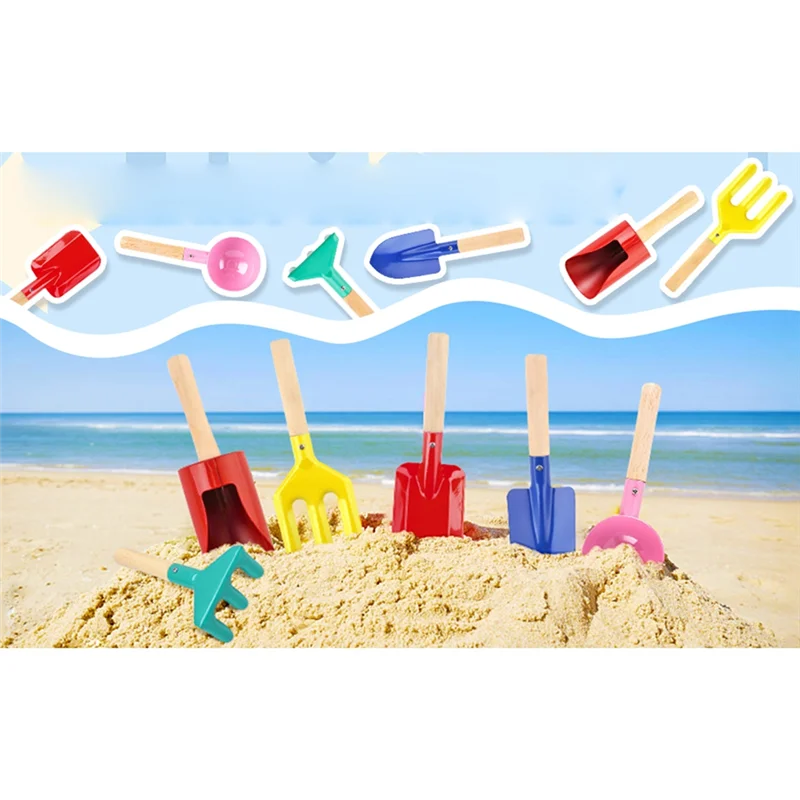 B49B-ガーデニングセット 金属製ガーデンツール 頑丈な木製ハンドル付き、安全な子供用シャベル（シリンダー付き）、スプーン、フォーク、熊手