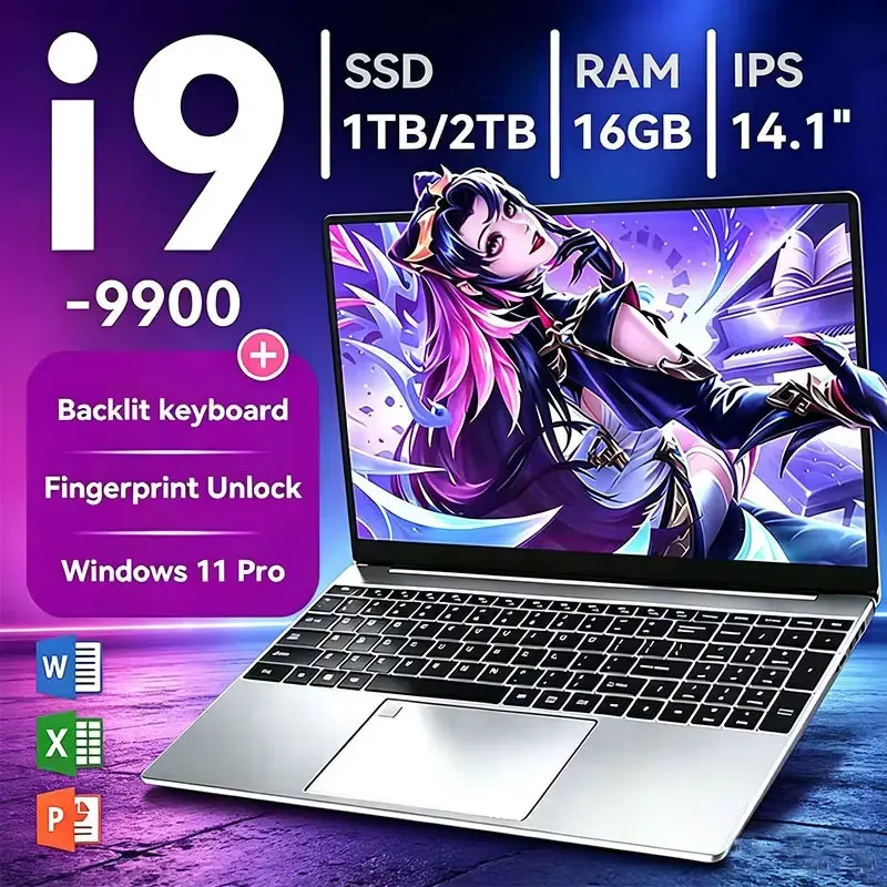Laptop Intel Core I9 9900 com Windows 11, 16GB de RAM, 1TB SSD, Tela 4K HD, Laptops Portáteis Slim para Jogos, Computador de 14.1 polegadas para Escritório
