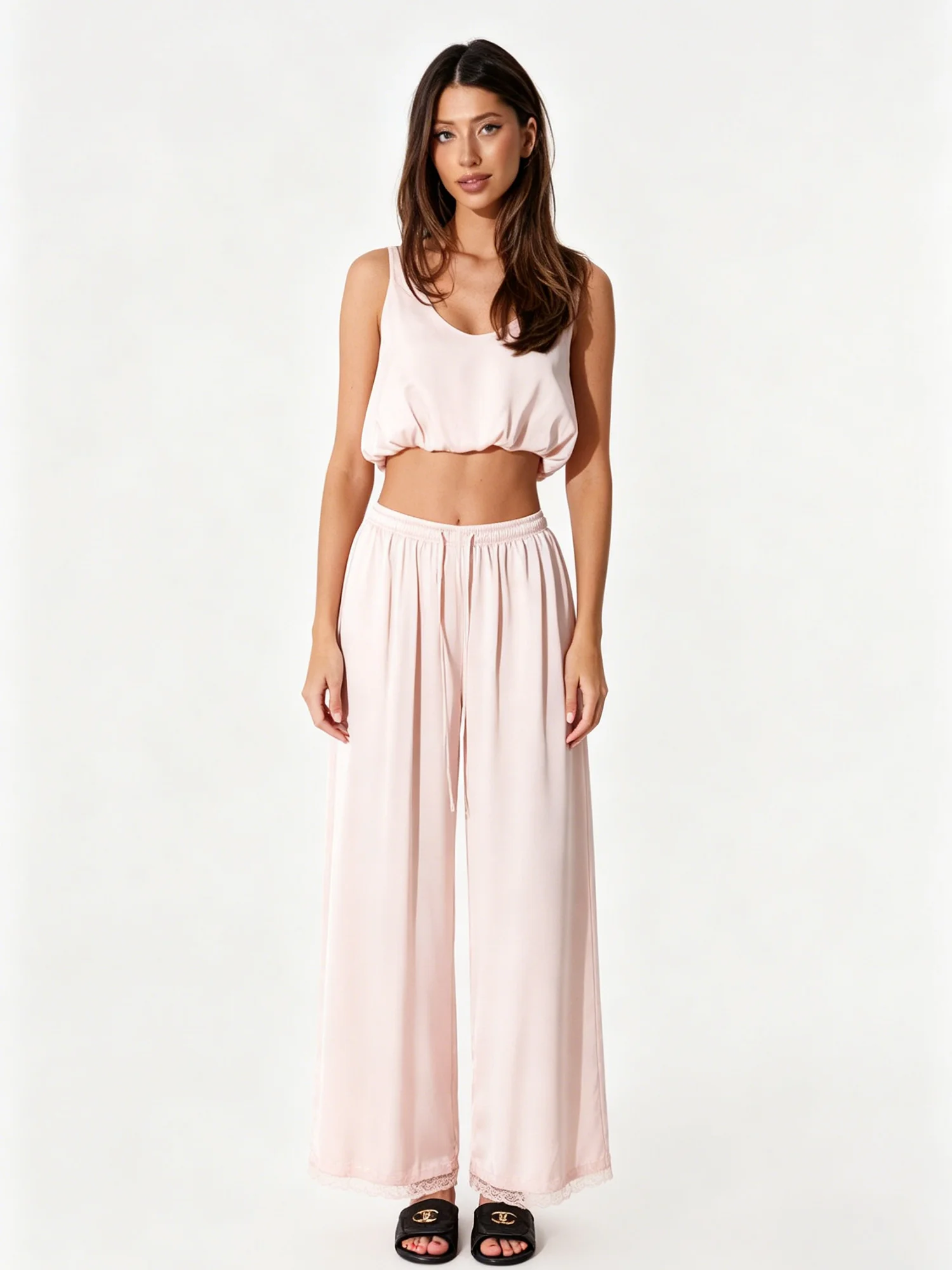 

LIMO 2 Piece Satin Outfit Sling Cropped Vest Elastic Waist Lace Hem Wide Leg Pants Suit