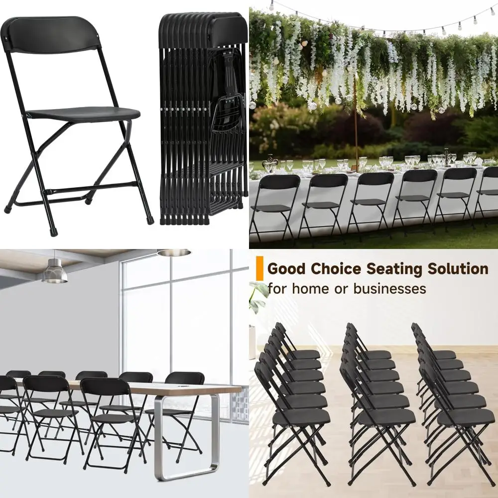 

Set of 10 Folding Chairs - Black Plastic Outdoor Party Chairs for Events, Supports Up to 350lbs, Ideal for Entertaining