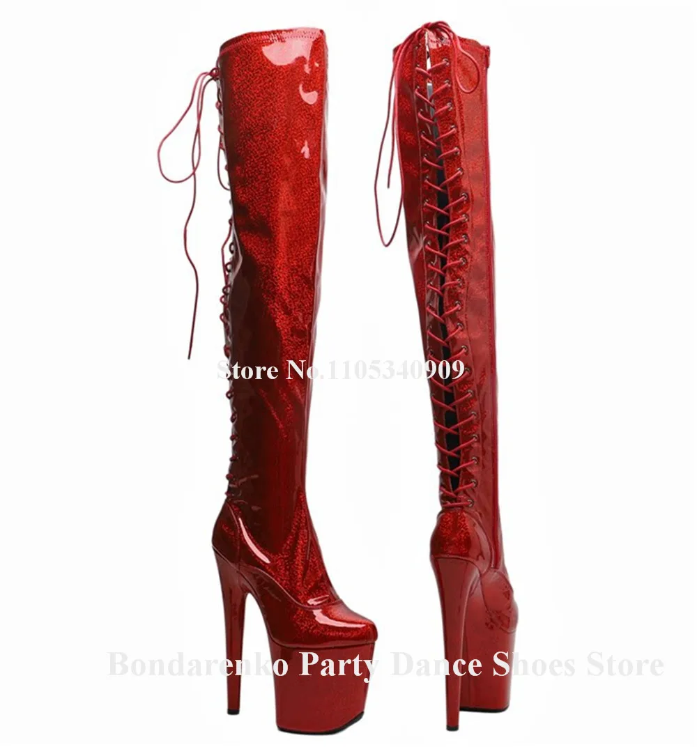 Bondarenko Luxury Red Patent Leather Stiletto Heel Over Knee Boots Round Toe Back Lace-up 20cm Thin Heel Long Dance Shoes