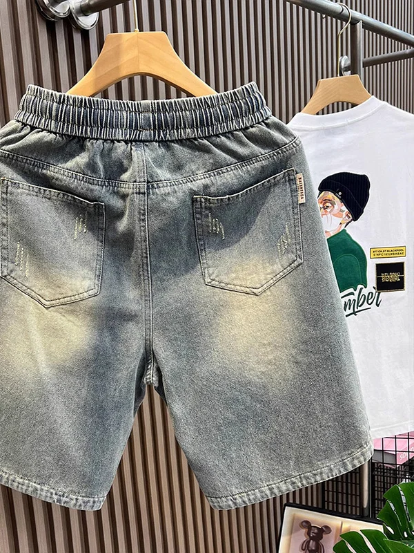 الصيف الأمريكية عارضة الرجعية فضفاض الخصر سروال قصير الجينز الرجال أنبوب مستقيم Haome خمسة أرباع السراويل المتوسطة #2