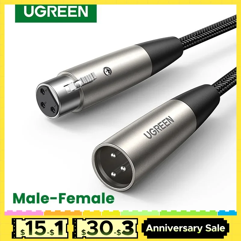 UGREEN XLR to XLR Mic Audio Cable Male to Female Microphone Extension Lead 3-Pin Neutrik XLR Balanced Audio Extender Cord