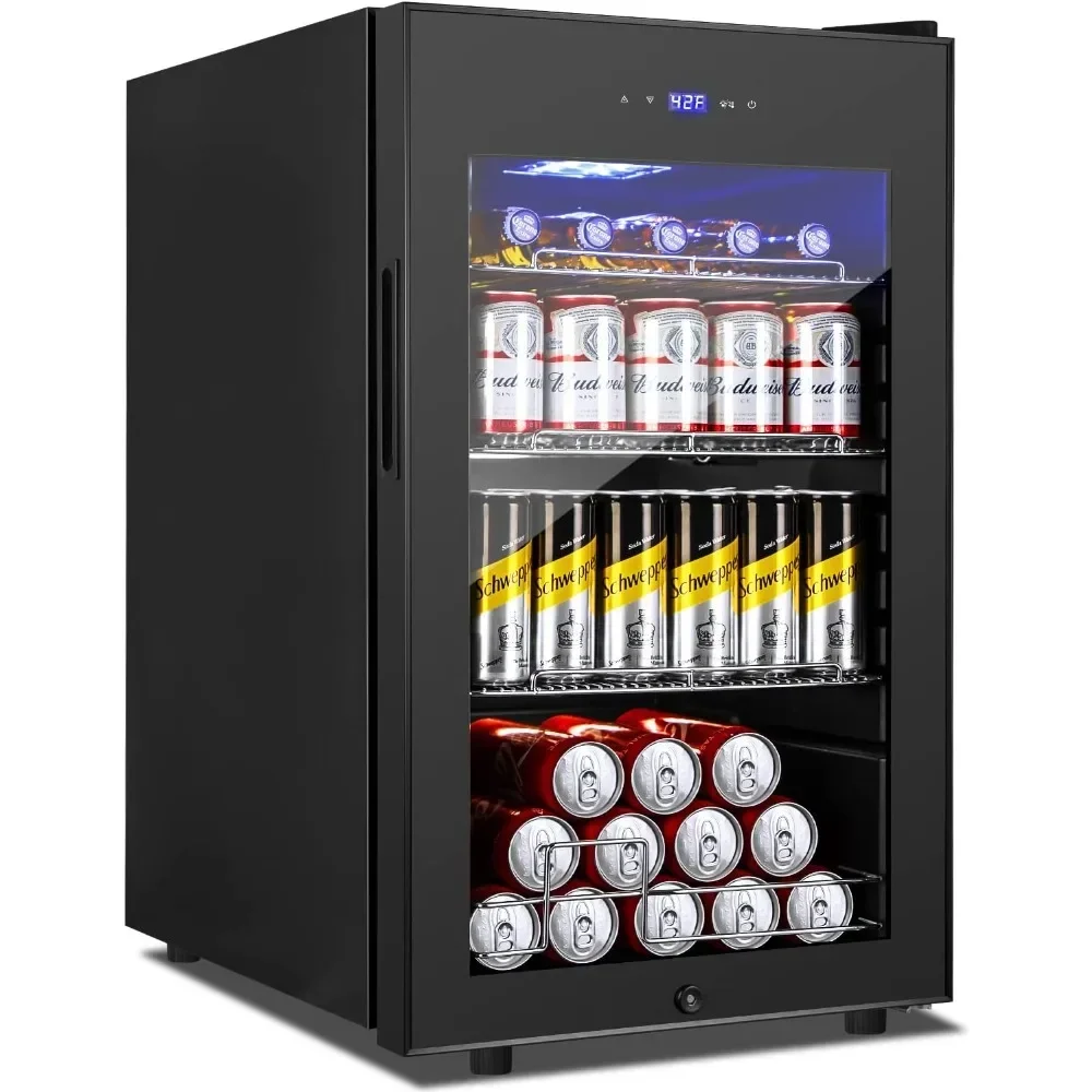 Beverage Refrigerator and Cooler Freestanding, 96 Cans Mini Fridge with glass door and Lock, Small Drink Fridge, with LED Light