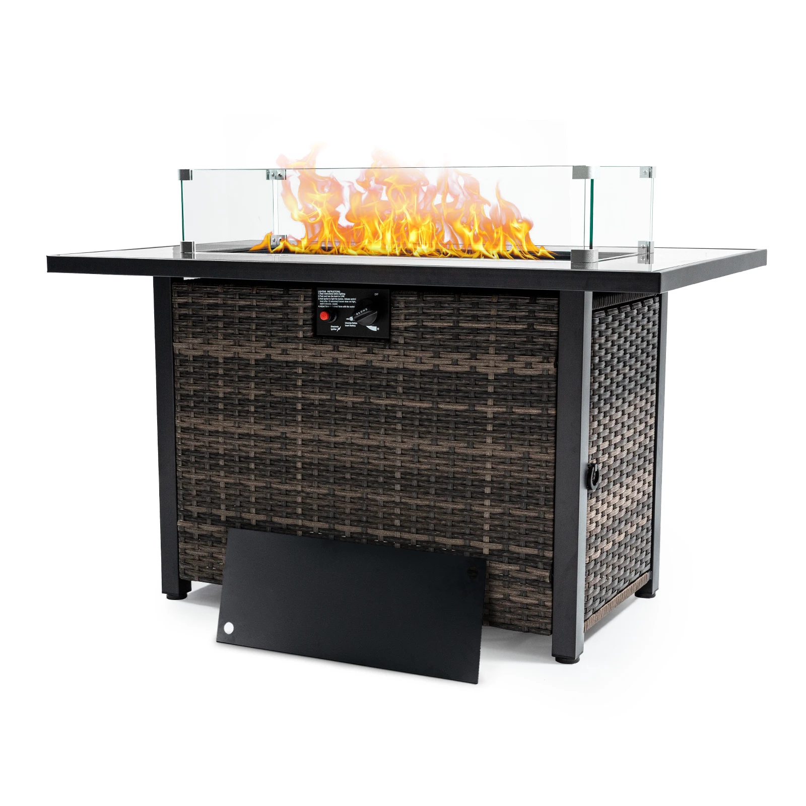 

44" Outdoor Fire Pit 50,000 BTU Propane Gas Fire Table with Lid Fireplace with Glass Wind Guard Wicker Base