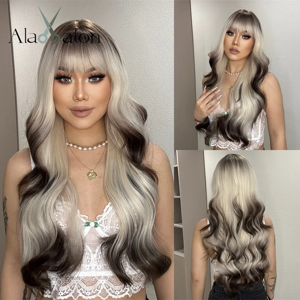 ALAN EATON Ombre Blonde Brown Wave Synthetic Wig Long Natural Looking Hair Wigs with Bangs for Women Daily Heat Resistant Fiber