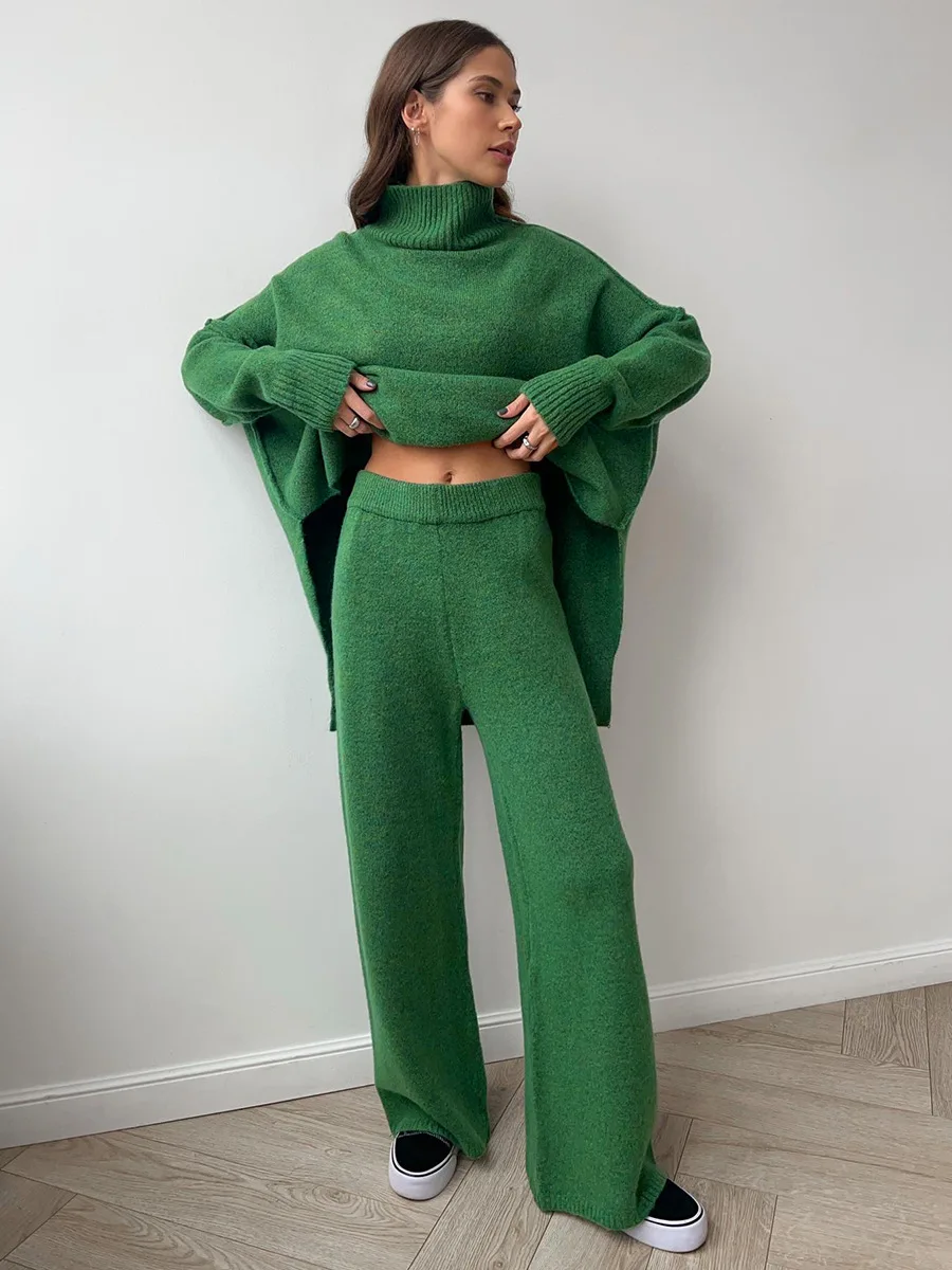 Autumn Winter Warm Knitted Pants Two Piece Sets for Women Fashion Turtleneck Sweater and High Waist Trousers Suits Casual Sets