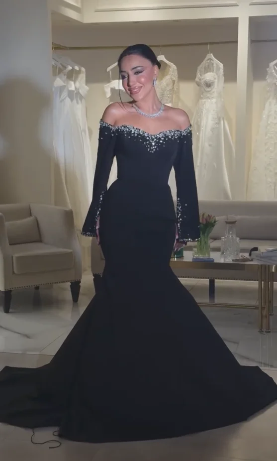 تخصيص مثير خارج على الكتف فستان حفلات المرأة مطرز أسود حفل زفاف مساء فستان الطابق طول فساتين المناسبات الخاصة #4