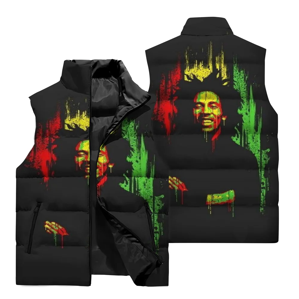 BOB MARLEY Printed Pattern Vest Winter Outdoor Sports Cold Protection Warm Cotton Vest Oversized Street Fashion Wear Jacket