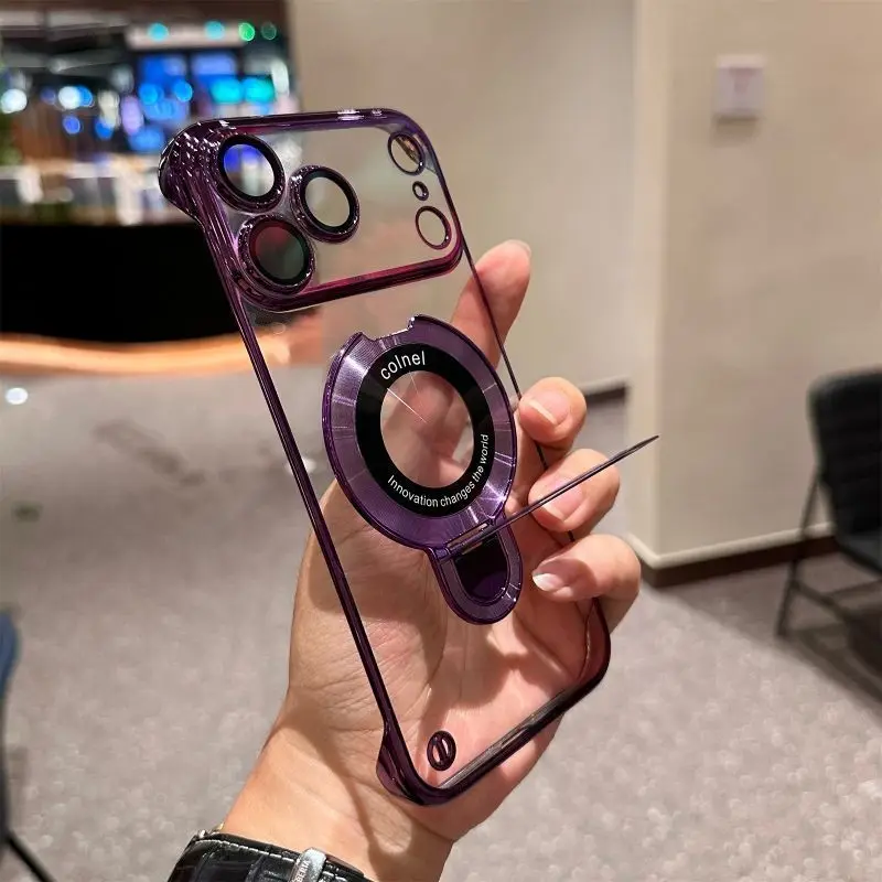 Plating Frameless Magnetic Bracket Phone Case for IPhone 18 Pro Max 17 16 15 14 13 PC Clear Hard PC Glass Camera Protect Cover