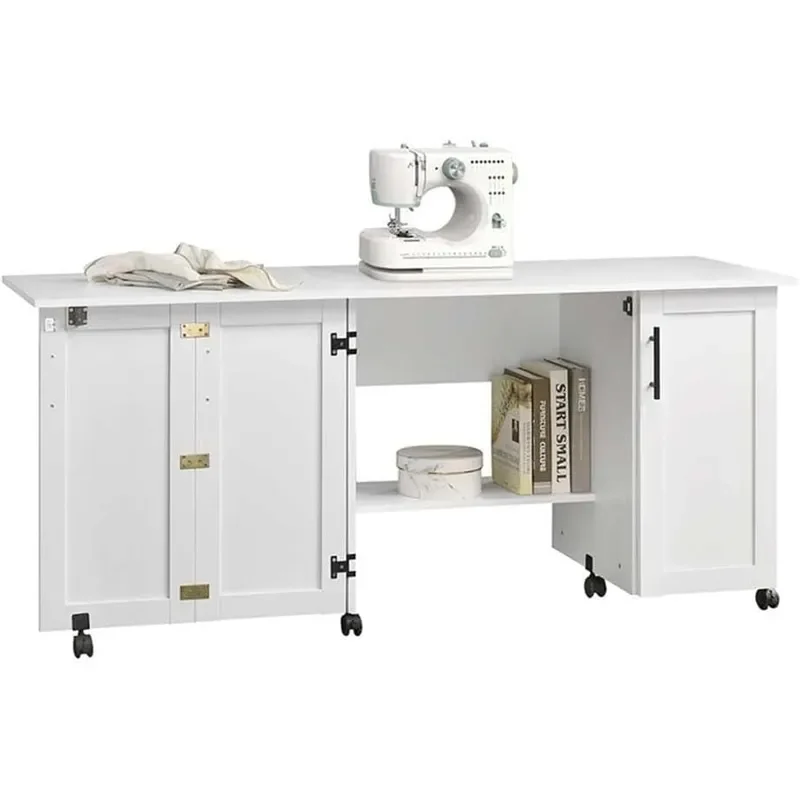 Contemporary Sewing Craft Cart Engineered Wood White Finish Drop Leaf Design Adjustable Shelving Smooth Caster Wheels Space
