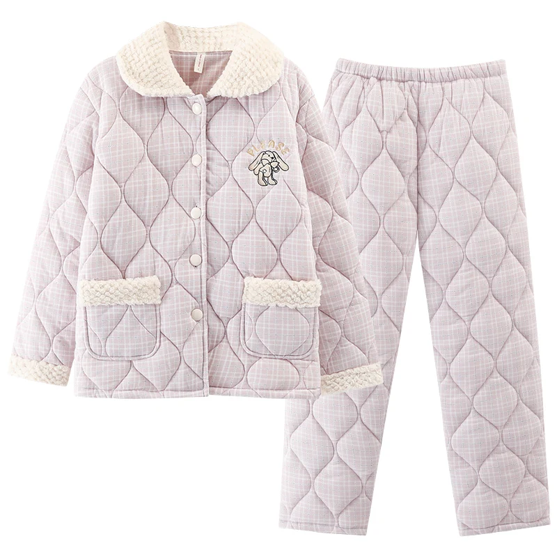 Fashion Plaid Autumn Winter Women Pajamas Set Sweet Cute Cartoon Thick Cotton Quilted Homewear Soft Warm Comfort Pyjamas Female