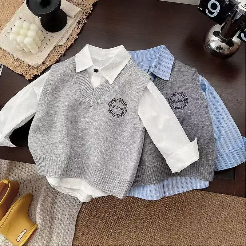 Children's Clothing Spring Autumn Sweater Vest + striped T-shirt Set Baby Knitted Vest Boys Top Waistcoat Brother Outfit