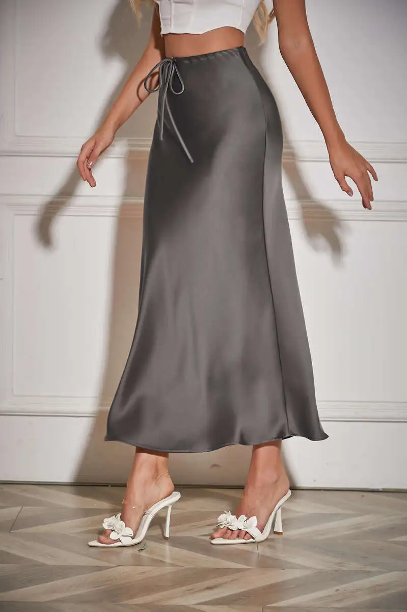 New In 2026 Spring Summer Solid Color Satin Long Skirt For Women High Waist Lace-Up Fashion Elegant Faldas