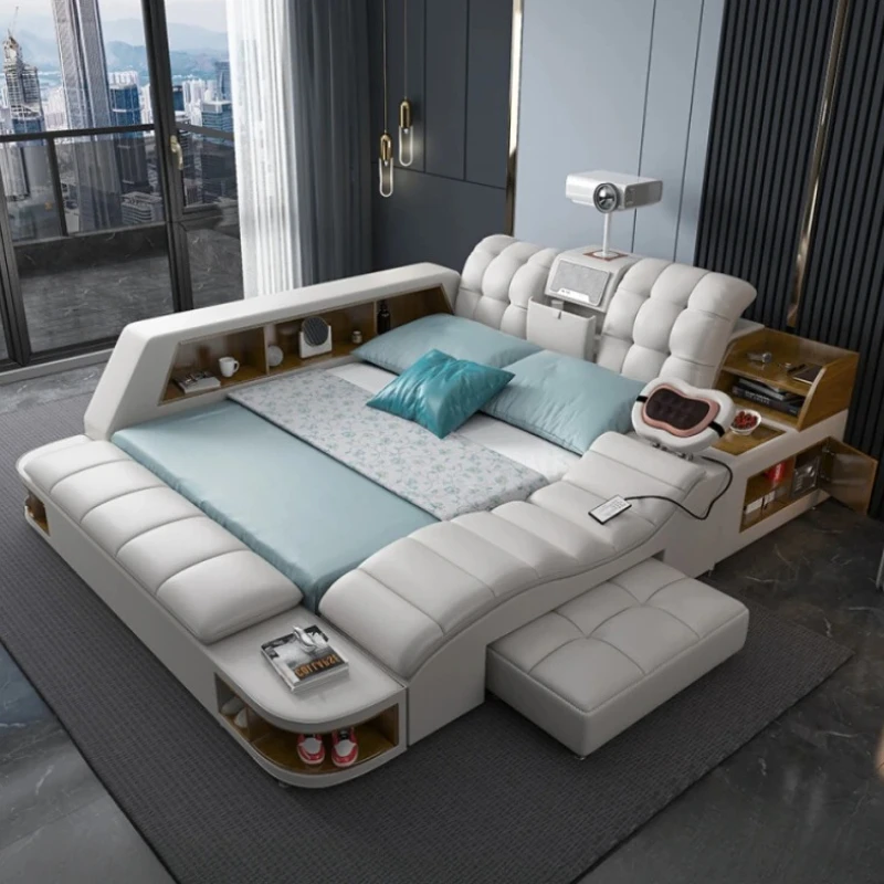 Nordic With Drawers Leather Multifunctional Bed Wood Nordic King Size Frame Double Bed Storage Modern Cama Matrimonial Furniture
