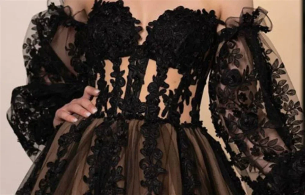 Customized Gothic Evening Dress With Black Lace Embroidery And Off-Shoulder Design Elegant And Sophisticated Robe De