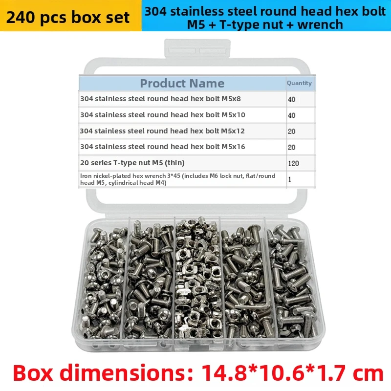 304 Stainless Steel M5 Hex Socket Cap Screws 240pcs Set with T Slot Nuts and Wrench for Linear Actuator Mounts