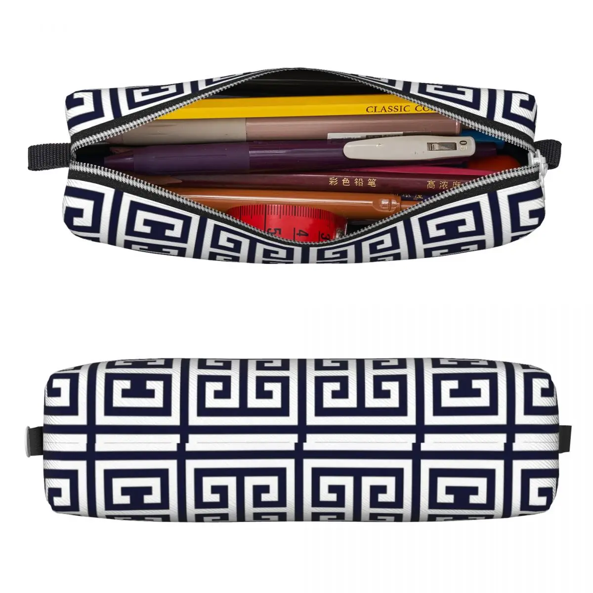 Greek Key Navy Blue Geometric Pencil Case Fun Trendy Pen Bags Student Large Storage School Supplies Gifts Pencilcases