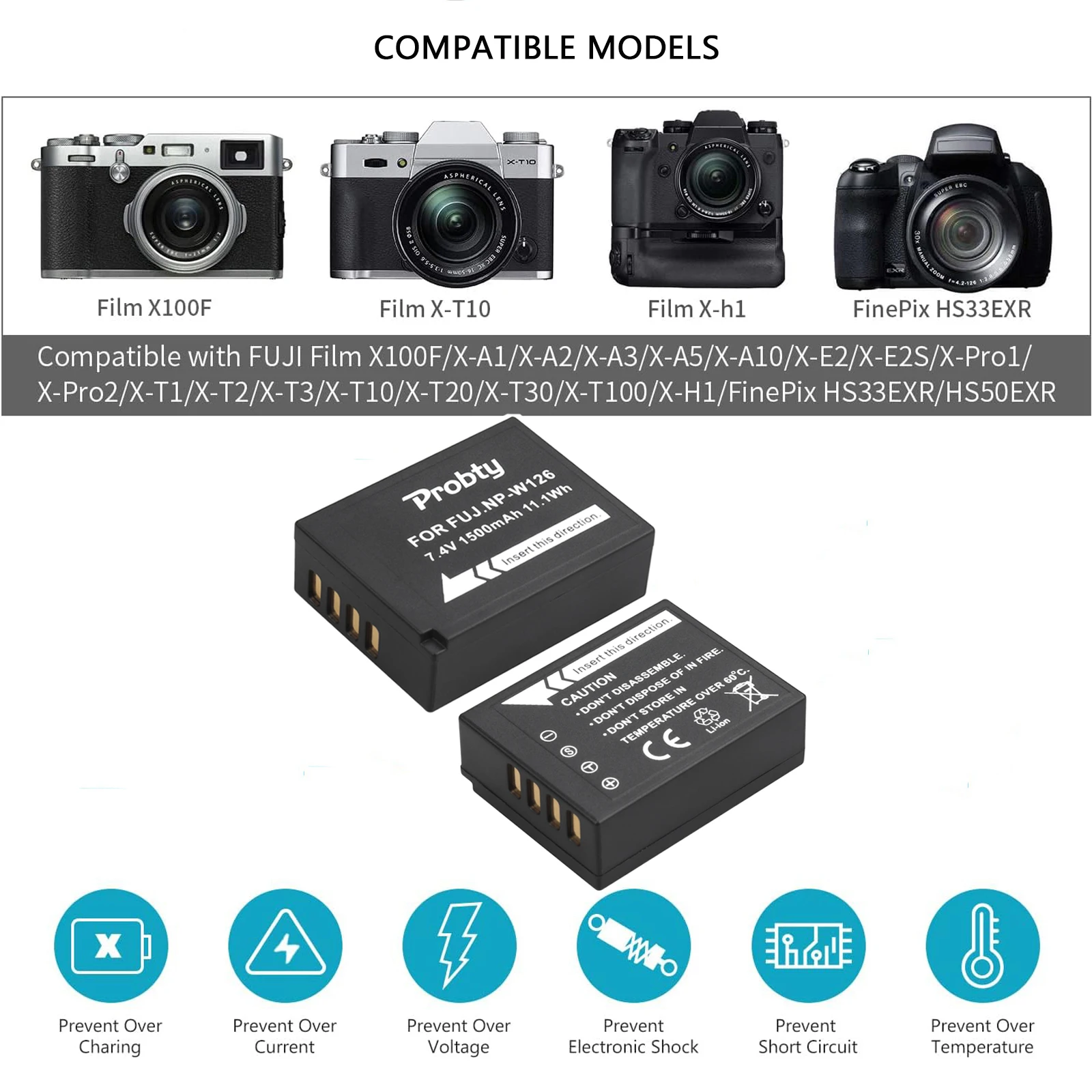 Probty NP-W126 NP-W126S Akumulator do Fuji X-T100, X-T200, X100F, X100V, X-S10, X-A3, X-A5, X-A10, X-E2S, X-E3, X-E4, X-H1, X-M1