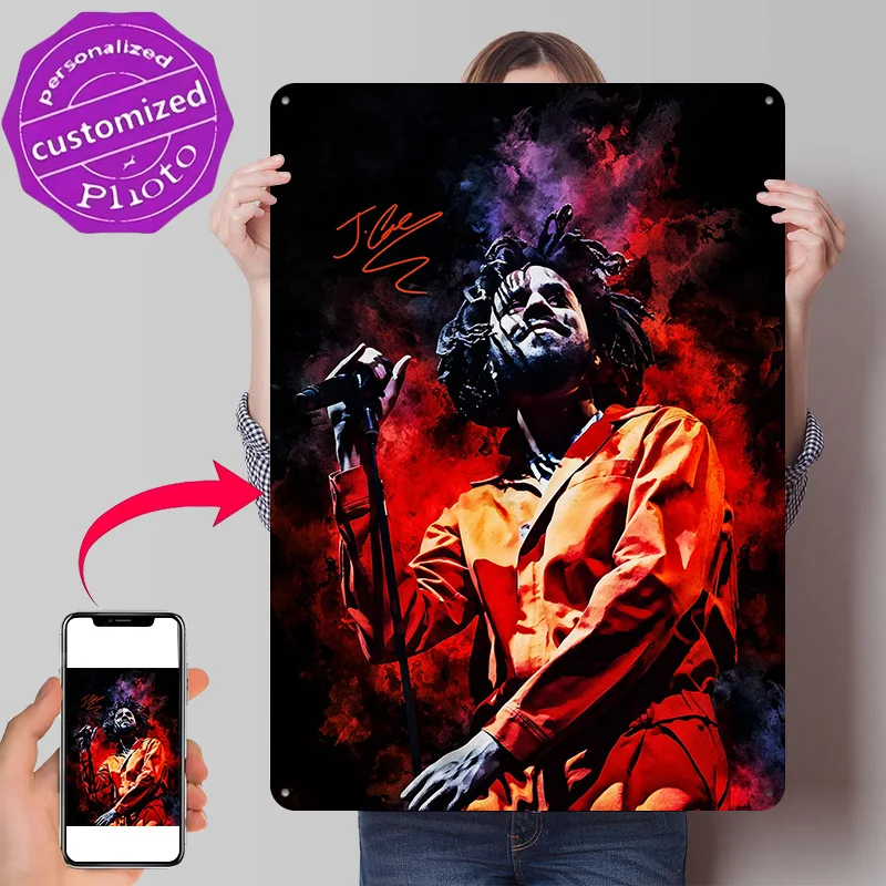 J. Cole Portrait With Signature Poster Retro 3D Printed Metal Signs Customized Wall Hanging Gift for Gaming Room Decoration Man