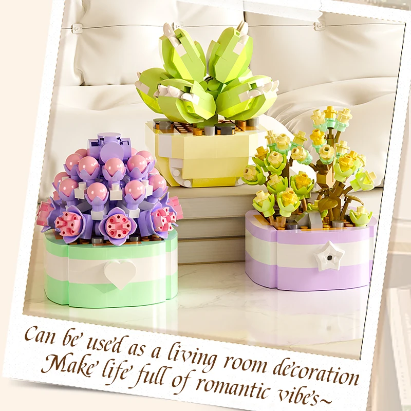 Potted building block succulent simulation cactus sunflower micro particle building block toy desktop decoration birthday toy