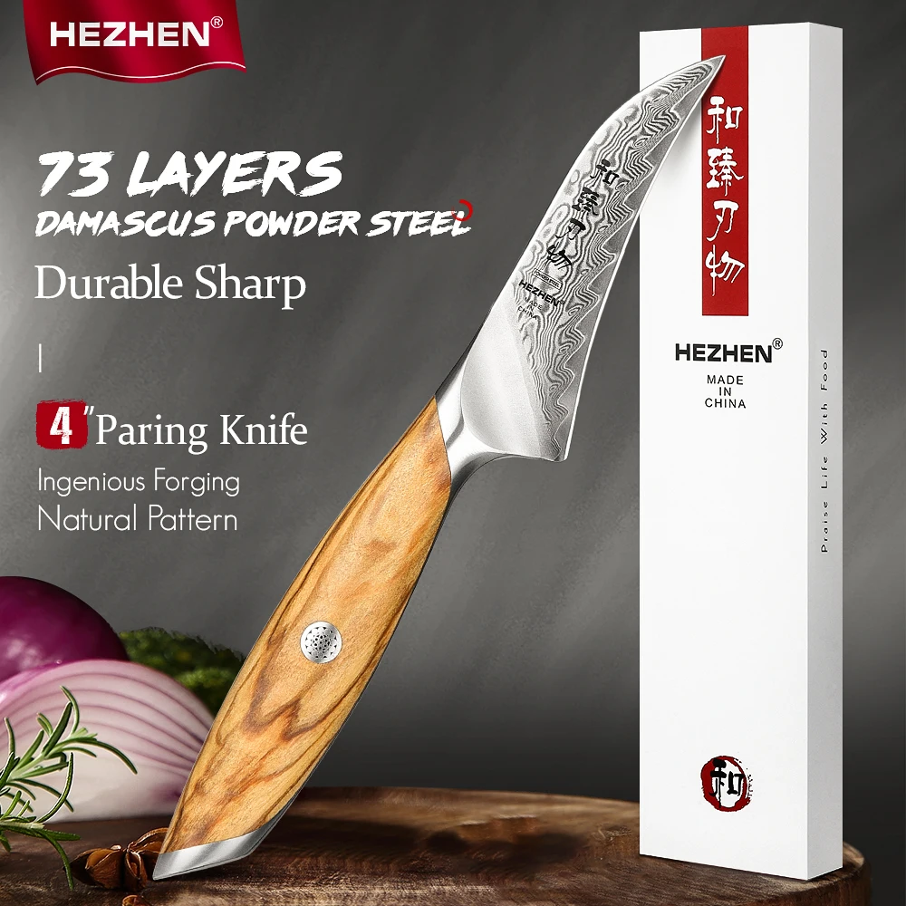 HEZHEN 4 Inch Paring Knife 73 Layers Damascus Steel Powdered Steel Core Olive Wood Handle Kitchen Tools Gift Box Peeling Knife