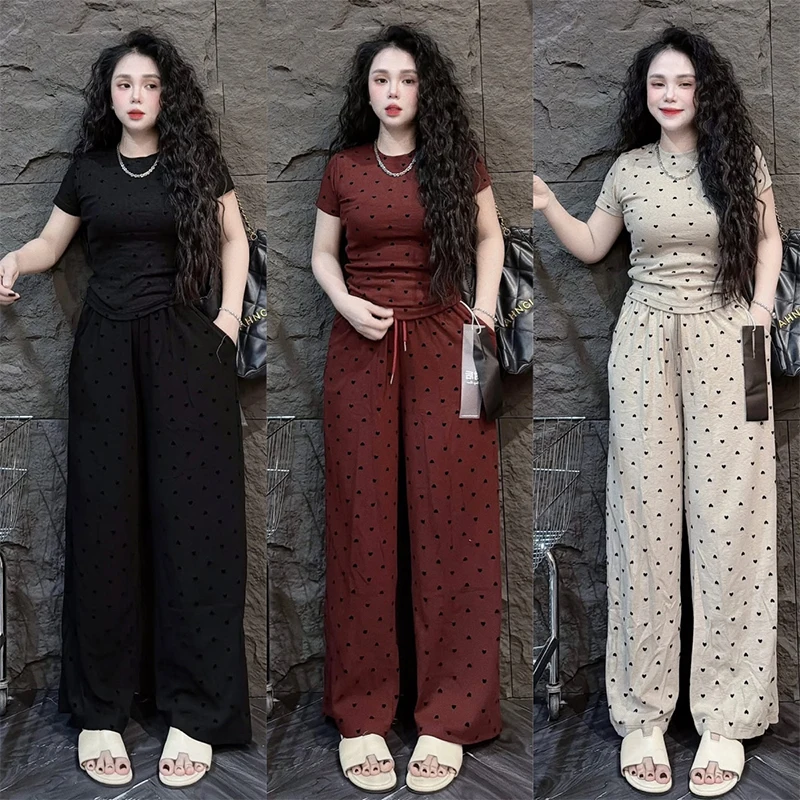 

Set Women Summer Love Full Print Short Sleeve Tops And Wide Leg Pants Chic 2PCS