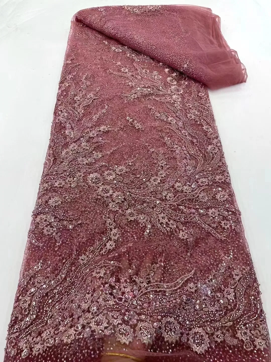 

Pink Handmade Beaded African Lace Fabric 5 Yards High Quality Sequin French Tulle Lace Nigerian Wedding Asoebi Lace Material