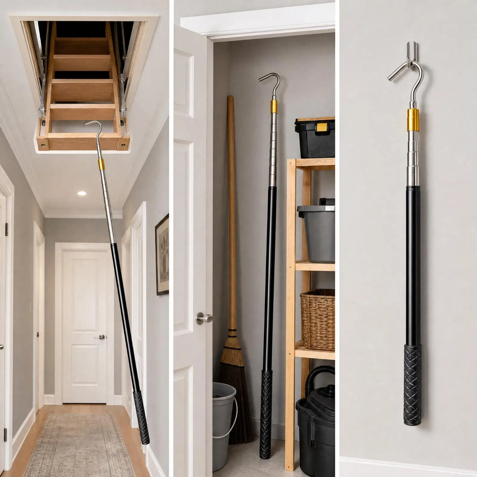 Adjustable Attic Ladder Pull Rod Hook Stick 162cm Metal Ceiling Stair Hook Tool for Reaching High Loft Fixtures