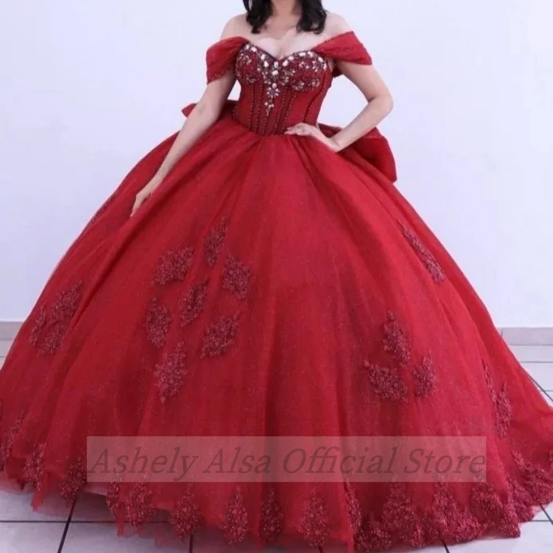 AQ129 Aangepaste Rode Prinses Quinceanera Jurken Off Schouder Crystal 15e Meisje Verjaardagsfeestje Jurk Prom Gown Vestido De 16 14