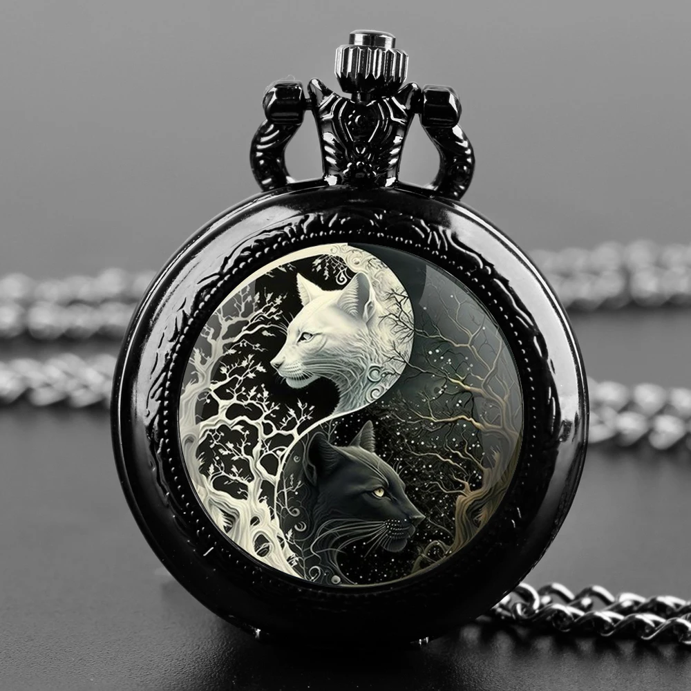 

White cat and black cat head Design Quartz Pocket Watches for Women Men Watch Unique Pendant Clock Necklace Kids Jewelry Gifts