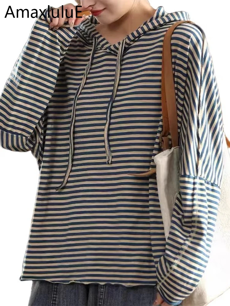 

Amax luluE Spring Women Fashion Big Size Striped Hooded Tshirts Ladies Casual Harajuku Elegant Cotton Tops Classic Loose Clothes