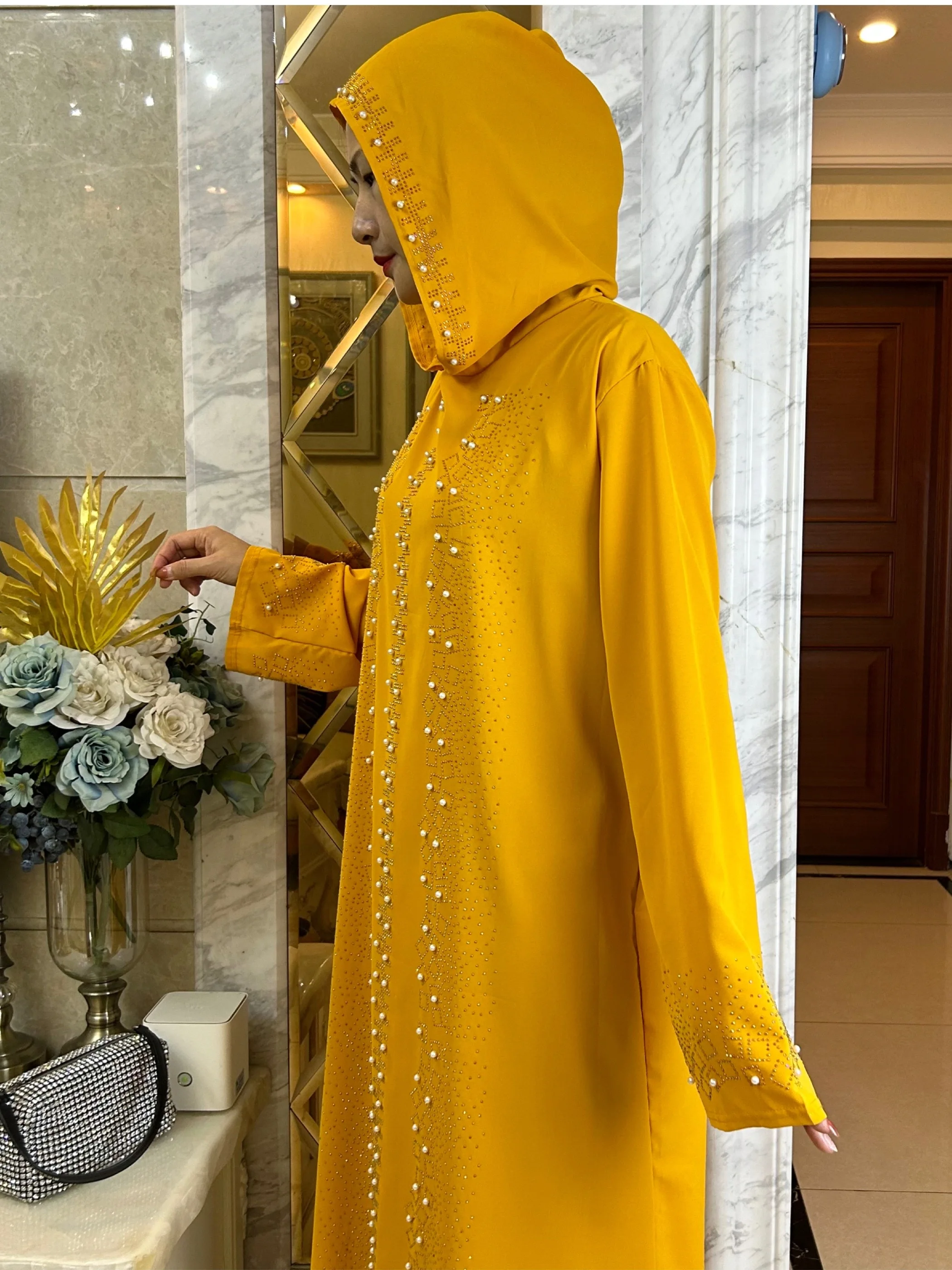 2023Abaya Muslim Maxi Long Sleeve Dress With Cap Women Diamond Arab Dubai Islamic Clothing Autumn New Loose Casual Turkey Robe