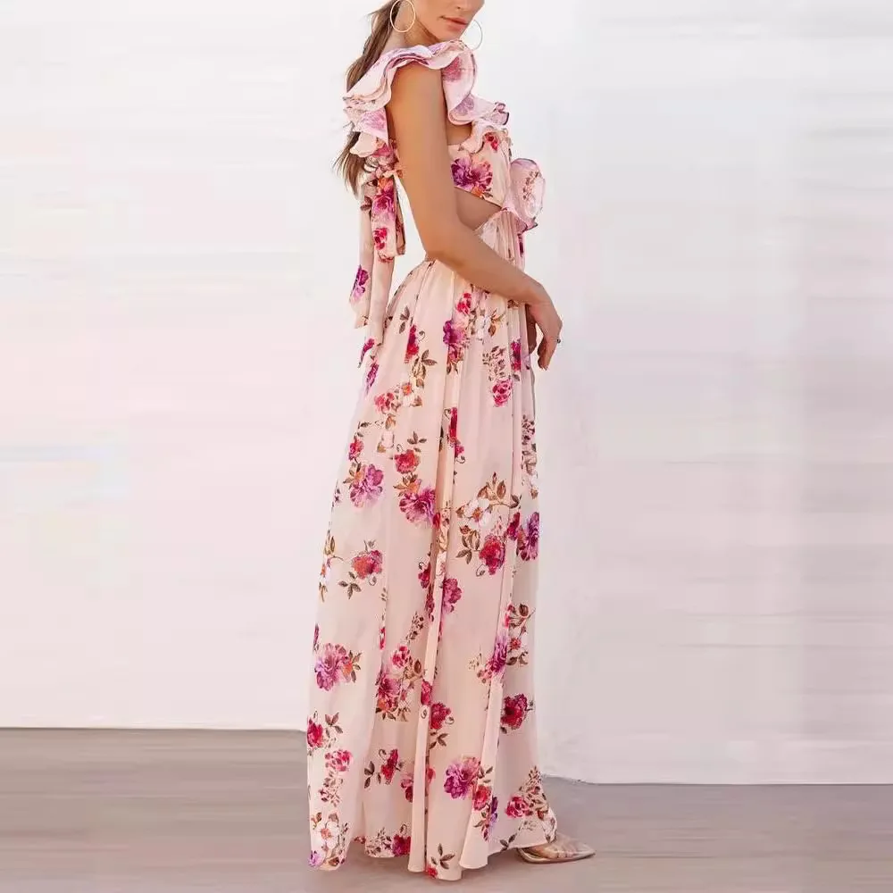 Een Dames Elegante V-Hals Boho Jurk Lente Bloemenprint Lange Partij Zomer Mouwen Strand Jurken