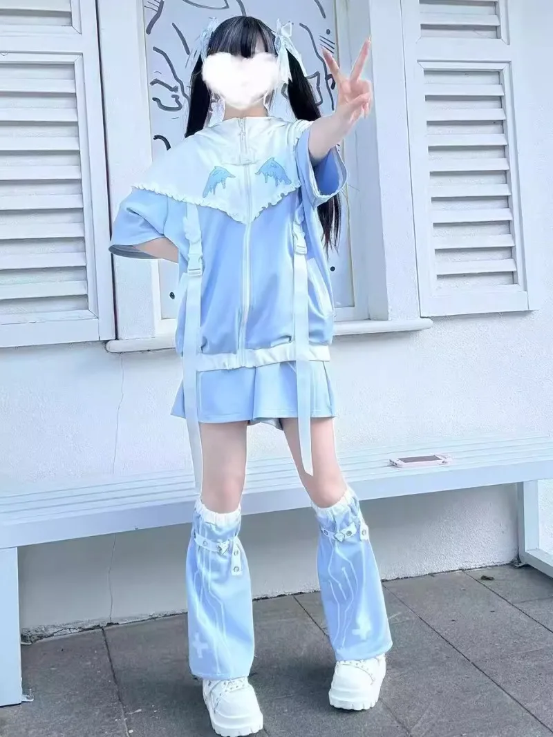 Summer Zipper Sweatshirt Original Japanese Subculture Water Color System Removable Sleeves Sweet And Cute Fox Ear Hooded Jacket