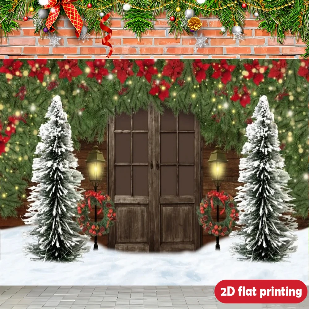 1pc Christmas Backdrop Banner: Festive Wooden Door, Wooden Door, Trees, Wreaths, Snow, Outdoor Xmas Decor, Photo Props